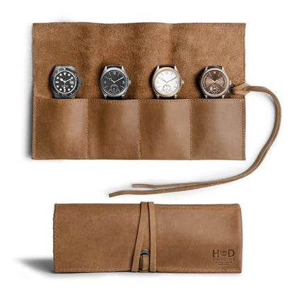 Hide & Drink, Leather Watch Roll Organizer Handmade from Full Grain Leather, Holds Up to 4 Watches, Easy Carry On Watchlover Storage (Single Malt Mahogany) - color: Single Malt Mahogany