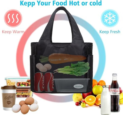 Extra Large Insulated Lunch Tote Bag for Women Men, Leakproof Cooler Lunch Box Shoulder Purse with Side Pockets for Work - Black - color: Black