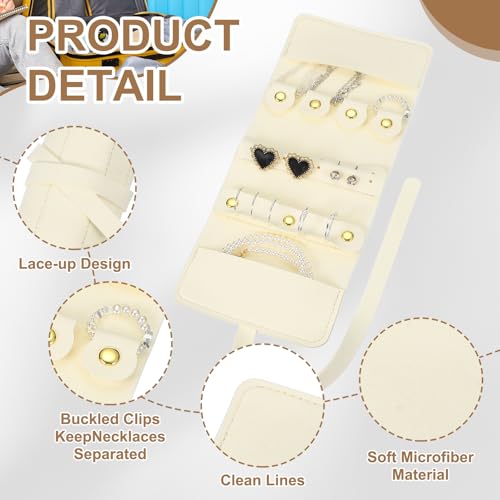 uxcell Travel Jewelry Bag Roll, Foldable Travel Organizer with Tie Close Microfiber Storage Roll for Earrings, Necklaces, Rings, Bracelets, Brooches, Valentine's Day Gifts, White - color: White