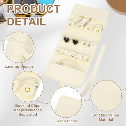uxcell Travel Jewelry Bag Roll, Foldable Travel Organizer with Tie Close Microfiber Storage Roll for Earrings, Necklaces, Rings, Bracelets, Brooches, Valentine's Day Gifts, White - color: White