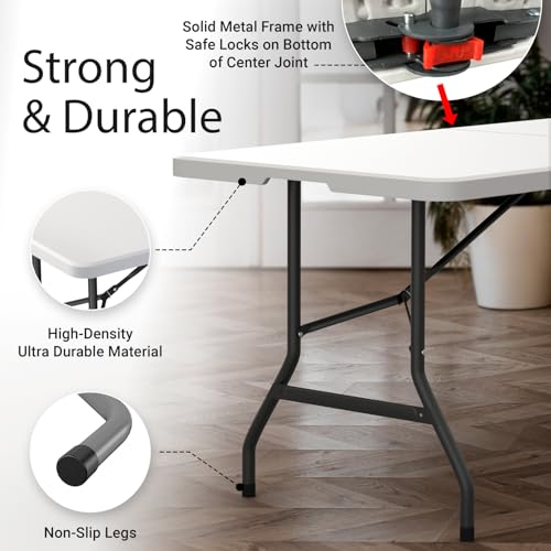 6 Feet Foldable Table with Built in Handle & Steel Legs | 6FT Heavy Duty Folding Portable | Perfect for Party, Dining, Wedding, Events, Picnic Indoor, Outdoor, Camping, Utility, Folding - 6 Foot - color: White, size: 6 FT