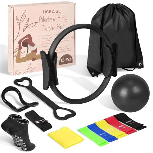 Pilates Kit for Women 13PCS, Pilates Ring and Ball Set with Magic Circle, Resistance Bands Set, Figure 8 Band, Yoga Ring & Grip Socks, Home Workout Equipment Essentials Starter Kit for Beginners - color: Black