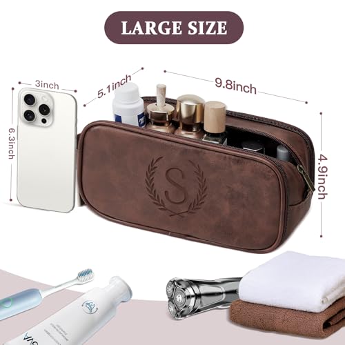 Janhavi Toiletry Bag For Men Waterproof, Groomsmen Gifts Personalized Leather Engraved Initials & Wheat, Mens Toiletry Travel Bag, Birthday Gifts For Men, Travel Tssentials (Medium, Dark Brown, A) - color: Dark Brown, style: A