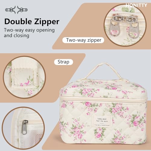 honitty Makeup Bag,Quilted Cosmetic Bags,Large Floral Make Up Organize bag,Makeup Bag Set for Women,Flower Travel Toiletry Bag - color: Pink