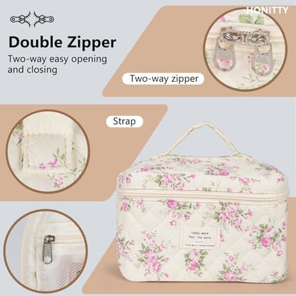 honitty Makeup Bag,Quilted Cosmetic Bags,Large Floral Make Up Organize bag,Makeup Bag Set for Women,Flower Travel Toiletry Bag - color: Pink