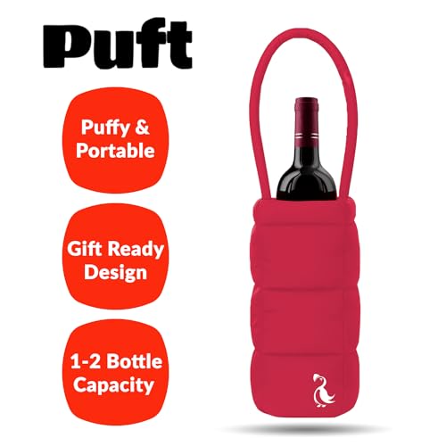 PUFT Puffer Wine Tote Bag – Insulated Wine Bottle Carrier for Bottles – Trendy Quilted Wine Bag - color: 1 Bottle Red