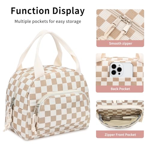Lunch Bag Women Lunch Box for Women Adult Cute Insulated Lunch Bag Small Cooler Lunch Tote Bags for Work Picnic Travel (Beige-Brown Plaid) - color: Beige-Brown Plaid