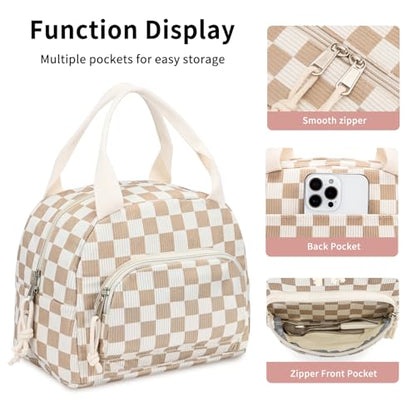 Lunch Bag Women Lunch Box for Women Adult Cute Insulated Lunch Bag Small Cooler Lunch Tote Bags for Work Picnic Travel (Beige-Brown Plaid) - color: Beige-Brown Plaid