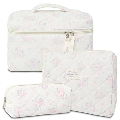 GISMTR 3Pcs Cotton Quilted Makeup Bag Large Travel Cosmetic Bag Coquette Makeup Pouch Cute Aesthetic Floral Toiletry Bag for Women Girls (flower-S) - color: flower-S