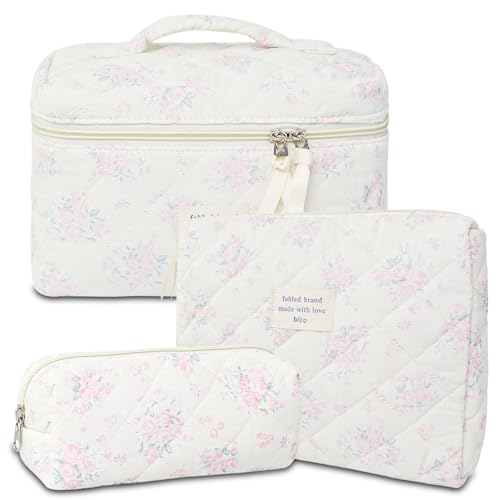 GISMTR 3Pcs Cotton Quilted Makeup Bag Large Travel Cosmetic Bag Coquette Makeup Pouch Cute Aesthetic Floral Toiletry Bag for Women Girls (flower-S) - color: flower-S