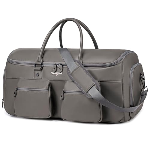 Suit Bag Travel,Vessgra 2 in 1 Leather Duffle Bags for Men 56L Duffel Bags for Traveling PU Leather Garment Bag with Shoe Compartment,Travel Carry on Bag Weekender Bussiness Wedding,Grey - color: Grey