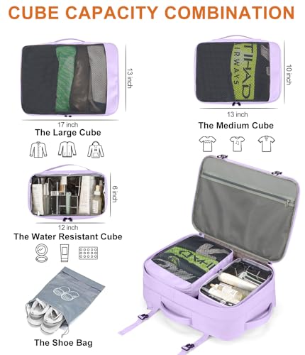 Lumesner Carry on Travel Backpacks, Extra Large 40L Flight Approved Bag for Men & Women,Expandable Suitcase Backpack With 4 Packing Cubes,Water Resistant Luggage Daypack Business Weekender Bag, Purple - color: Purple