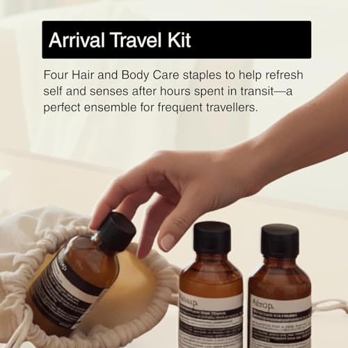 Aesop Arrival Travel Shower Set (4-Piece) Hair & Body Care Kit – Shampoo, Conditioner, Geranium Leaf Body Cleanser & Rind Concentrate Body Balm – 1.7oz/50mL Each – Gift Set with Reusable Canvas Bag