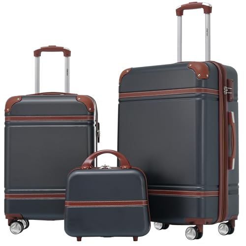 Merax Luggage Set 2 Piece Suitcase Set with Cosmetic Case Expandable Spinner Wheels Vintage Luggage Sets(Black,20"+24") - color: Black, size: 3 Piece-20+24+case