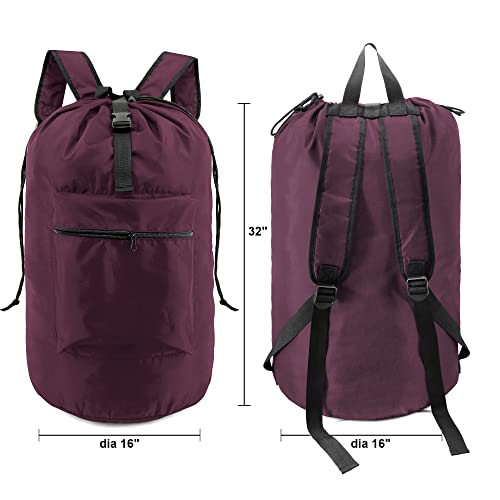 BeeGreen Laundry-Bag-Backpack-Heavy-Duty, Burgundy Nylon Drawstring Portable Laundry Backpack Foldable Extra Large Dirty Clothes Travel Bag College Dorm Apartment Essentials - color: Maroon, style: With Front Zipper Pocket