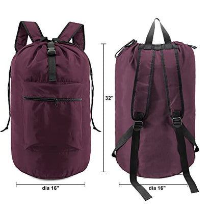 BeeGreen Laundry-Bag-Backpack-Heavy-Duty, Burgundy Nylon Drawstring Portable Laundry Backpack Foldable Extra Large Dirty Clothes Travel Bag College Dorm Apartment Essentials - color: Maroon, style: With Front Zipper Pocket