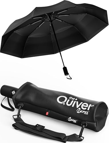 Repel Windproof Travel Umbrella - Compact & Withstands Winds up to 100MPH , Strongest Premium Auto Folding Umbrella for Rain and Sun - Durable, Light & Portable for Women & Men , Fits Backpack & Cars - color: Black Umbrella + Black Carrying Sling