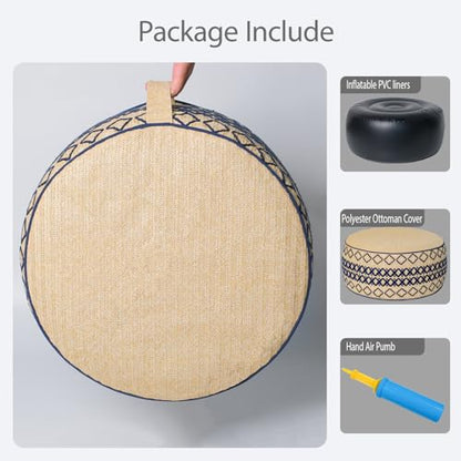 Outdoor Inflatable Ottoman with Air Pump, Embroidery Patio Footrest Stool D21”x H9”, Round Pouf Ottoman with Portable Handle Suitable for Garden, Camping, Bedroom, Living Room - color: Navy Embroidery