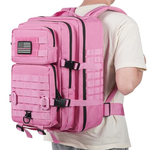 Hannibal Tactical MOLLE Assault Backpack, Tactical Backpack Military Army Camping Rucksack, 3-Day Pack Trip w/USA Flag Patch, D-Rings, Pink - color: Pink