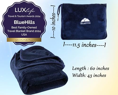 BlueHills Premium Soft 2-Pack Travel Blanket Pillows Airplane Large Plane Flight Throw Blankets for Two in Bag Compact Traveling Essentials Set Packable Warm Gifts Navy Blue T011 - color: Navy-2pk-t011