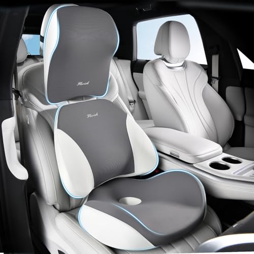 FLORICH Car Seat Cushion & Lumbar Support Pillow & Car Neck Pillow Ergonomic and 100% Memory Foam, Upgraded Larger and Breathable Car Seat Cushion & Back Support Pillow - Gray - color: B-cushion&lumbar&neck Pillow-gray