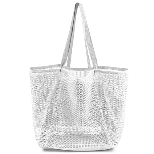 HOHOM Beach Bags for Women, Summer Travel Mesh Tote Bag with Large Inner Pocket, Sandproof Woven Shoulder Handbag - color: Snowy White