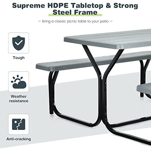 COSTWAY Outdoor Picnic Table, HDPE Plastic Picnic Table Bench Set with Weather Resistant Tabletop & Wood Texture, Ideal for Patio, Backyard (59" D x 54" W x 28.5" H,Grey) - color: Grey