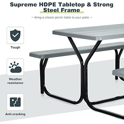COSTWAY Outdoor Picnic Table, HDPE Plastic Picnic Table Bench Set with Weather Resistant Tabletop & Wood Texture, Ideal for Patio, Backyard (59" D x 54" W x 28.5" H,Grey) - color: Grey