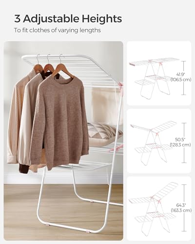 SONGMICS Clothes Drying Rack, Foldable 2-Level Laundry Drying Rack, Free-Standing Laundry Airer, with Height-Adjustable Wings, 33 Drying Rails, Sock Clips, White and Pink ULLR053P01V1 - color: White + Pink, size: 2 Tiers（22"d x 61.8"w x 64.3''h )