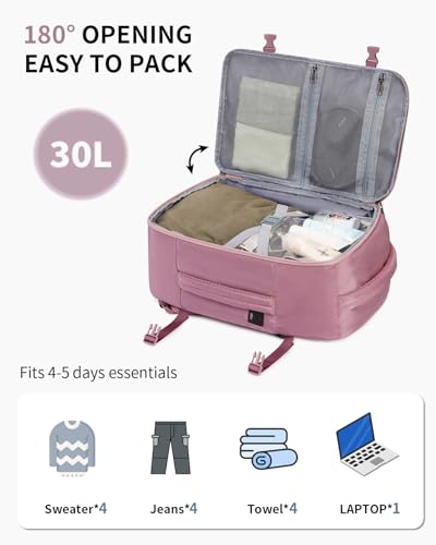 ECOHUB Travel Backpack for Women, Carry on Backpack with USB Charging Hole, Spirit Airlines Personal Item Bag Flight Approved, 15.6 Inch Laptop Backpack with Anti Theft Pockets, 30L, Pink - color: Pink-2, size: 18 inch underseat