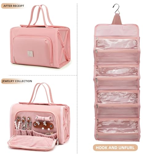 ROYALFAIR Roll Up Makeup Bag, Waterproof Toiletry Bag for Women, Hanging Travel Organizer bags with Jewelry Organizer Compartment, Extra Large 4 Clear TSA Approved Pouches Cosmetic Makeup (light red) - color: light red