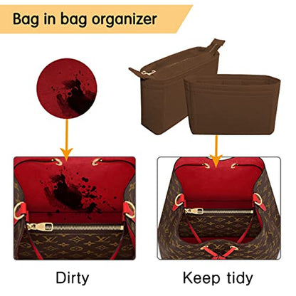 Felt Tote Bag organizer with Zipper Small Purse Organizer Insert With 2 Packs fits NeoNoe Noé Series perfectly - color: Brown