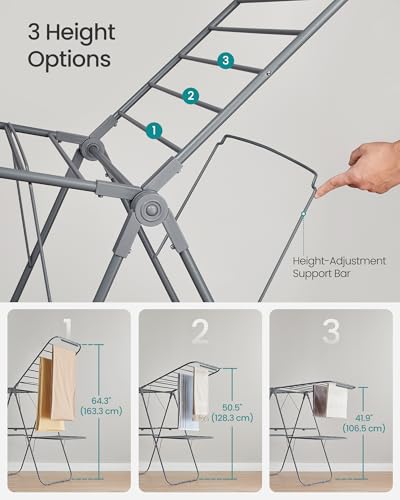 SONGMICS Clothes Drying Rack, Foldable 2-Level Laundry Drying Rack, Free-Standing Laundry Airer, with Height-Adjustable Wings, 33 Drying Rails, Sock Clips, Gray ULLR053G02V1 - color: Gray, size: 2 Tiers（22"d x 61.8"w x 64.3''h )