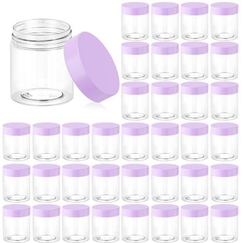 Eternal Moment 36 Pack 3 OZ Plastic Jars Round Clear Cosmetic Container Jars with Purple Lids, Perfect for Lotion, Slime，Cream, Ointments, Makeup, Eye Shadow, Samples, Pot, Travel Storage - color: Purple Lid, size: 3 Ounce