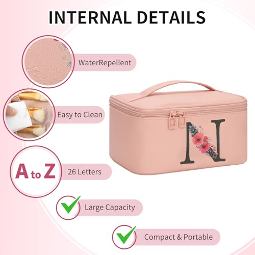 OCHEAL Initial Makeup Bag,Monogram Make up Bag Pink Travel Makeup Organizer Case Beauty Toiletry Cosmetic Bag with Brush Holder, Trendy Stuff Personalized Gifts for Women and Girls-N - color: Pink, style: N