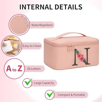 OCHEAL Initial Makeup Bag,Monogram Make up Bag Pink Travel Makeup Organizer Case Beauty Toiletry Cosmetic Bag with Brush Holder, Trendy Stuff Personalized Gifts for Women and Girls-N - color: Pink, style: N