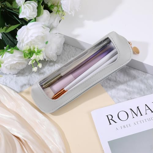 Psyqtsuary Small Clear Makeup Bag, PU Leather Travel Makeup Brush Bag Portable Transparent Waterproof Cosmetic Pouch with Zipper for Women Home Travel Office Cosmetic Storage (Grey) - color: Grey