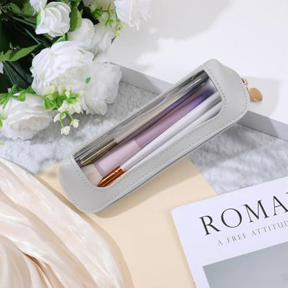 Psyqtsuary Small Clear Makeup Bag, PU Leather Travel Makeup Brush Bag Portable Transparent Waterproof Cosmetic Pouch with Zipper for Women Home Travel Office Cosmetic Storage (Grey) - color: Grey