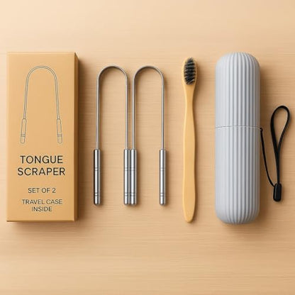 Tongue Scraper Set – Cleaner Kit with Bamboo Toothbrush with Charcoal Bristles & Travel Case – Daily Oral Hygiene Tool for Men & Women (Stainless Steel, 2 - Pack),Reduce Bad Breath, Tongue Scrubber - color: Stainless Steel