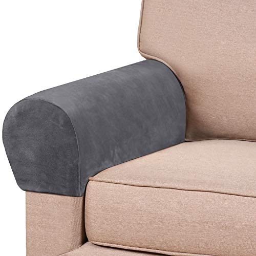 PrinceDeco 2 Pack Thick Velvet Stretch Armrest Covers for Chairs and Sofas - Non Slip, Grey - color: Grey