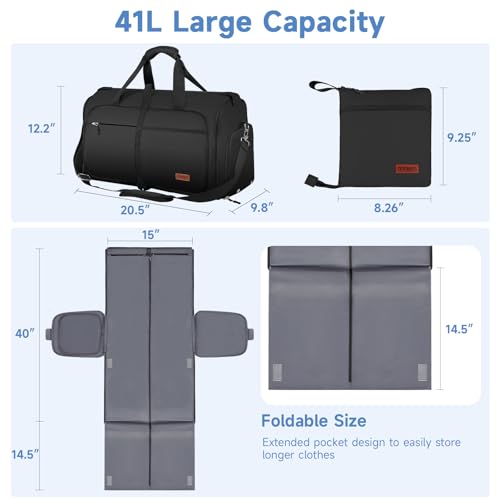 Ytonet Garment Bags for Travel, Foldable Garment Duffle Bags for Women men, Convertible Travel Garment Bag with Shoe Compartment, 2 in 1 Hanging Suitcase Suit Water Resistant Weekender Bag, Black - color: Black