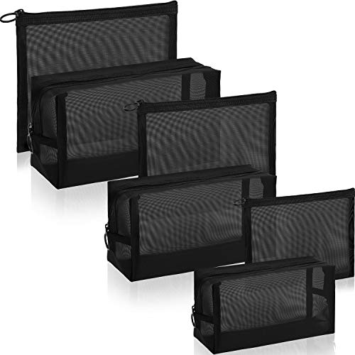 6 Pieces Mesh Makeup Bags Mesh Cosmetic Bag Portable Travel Organizing Zipper Pouch Toiletries Makeup Pouches for Home Office Travel Accessories - color: Black