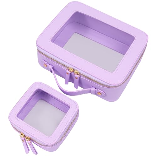 LETGO Clear Makeup Bag Organizer Set,Portable Travel Toiletry Case for Women, Vegan Leather Cosmetic Pouch Car Bag for Essentials(Mini+Large Purple) - color: Purple, style: Mini&large