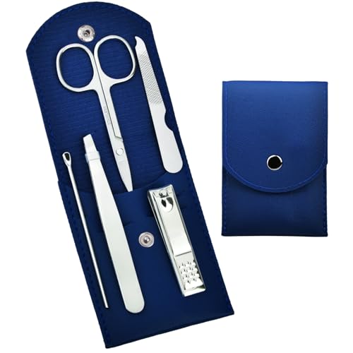 HANTEKAS Travel Manicure Set Professional Nail Clipper Kit-5 Pieces Stainless Steel Manicure Kit, Women Men Grooming kit With Nail Care Tools Beauty Scissors Tweezers (Silver Blue) - color: Blue
