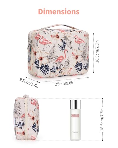 Narwey Small Hanging Travel Toiletry Bag for Women, Travel Bag for Toiletries, Makeup Bag Organizer Cosmetic Bags Make Up Bags for Girls - color: Beige Flamingo