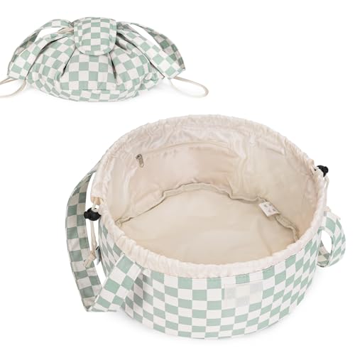 Narwey Lay Flat Open Drawstring Makeup Bag, Large Cosmetic Bag for Women Girls, Cute Make up Bags, Portable Travel Toiletry Bag for Skincare, Brushes & Travel Essentials (Green Checkerboard) - color: Z-Mint Green Checkerboard