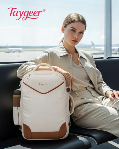 Taygeer 35L Travel Backpack Carry On with Lock, TSA Flight Approved Carry on Backpack, Expandable Weekend Trip Backpacks Fits 15.6 Inch Laptop for Women, Beige & Brown