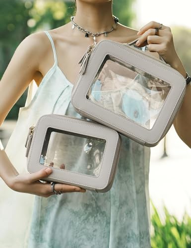 Popvibe Clear Makeup Bag Travel Cosmetic Case Transparent Toiletry Bag with Zipper, Portable Make Up Organizer Traveling Compact Car Bag for Essentials - color: Stone, style: Dual Elegance