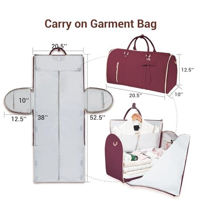 Garment Bags for Travel, Convertible Suit Travel Bag for Women, Stylish Carry On Garment Bag with Toiletry Pocket, Shoulder Strap and Shoes Compartment, 2 in 1 Foldable PU Leather Duffle Bag, Sangria - color: Sangria