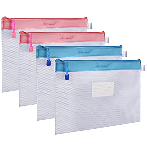 Wisdompro Zipper Pouch, 4 Packs Durable Letter Size Waterproof Mesh File Bag, Document Organizer - Pink/Blue - color: Pink/Blue